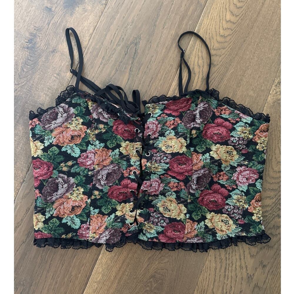 Floral Tapestry Corset Top Lace Up Front Bustier Cami Tank Shirt Black Women OS